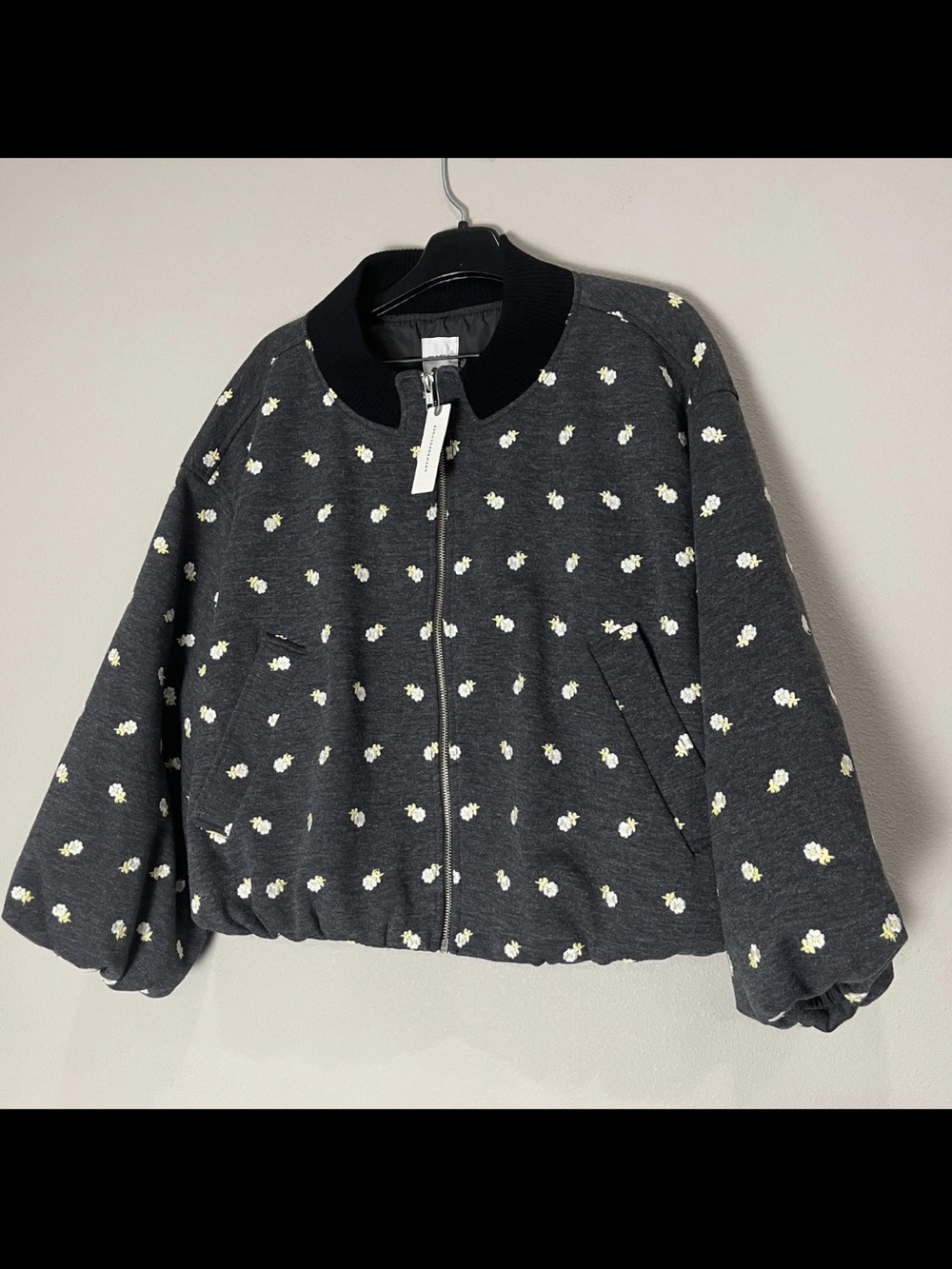 NEW Anthropologie Maeve Bubble Jacket Gray White Floral oversized size small